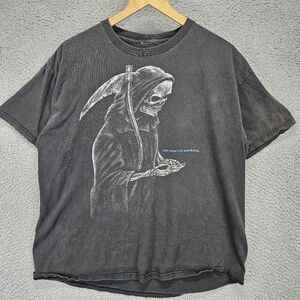 Vintage Skeleton Reaper Y2K Shirt L Black Angel Of Death Scythe Goth Faded